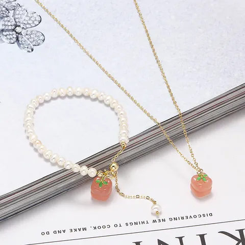 Southern Red Agate Persimmon Pendant Necklace Bracelet Set Freshwater Pearl Gold Plated Copper Jewelry For Women Sweet Style