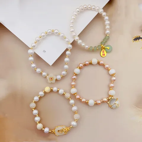 Niche Design Artificial Pearl Cat's Eye Stone Beaded Bracelet For Women Ethnic Style Lucky Charms Rabbit Cherry Butterfly Flower Pendant Jewelry