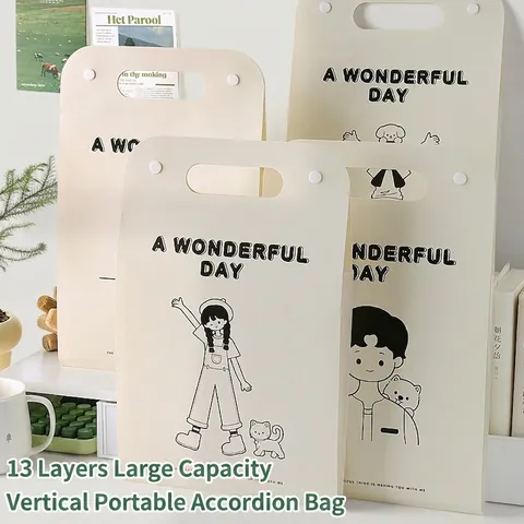 Cartoon Portable Vertical Expandable File Bag Waterproof Student Document Organizer Handheld PP Plastic Folder With Handle