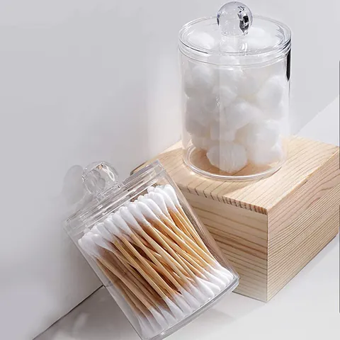 Boîte de Rangement Transparente en Plastique pour Coton-Tiges Support Rond pour Coton Démaquillant avec Couvercle Anti-Poussière Organisateur