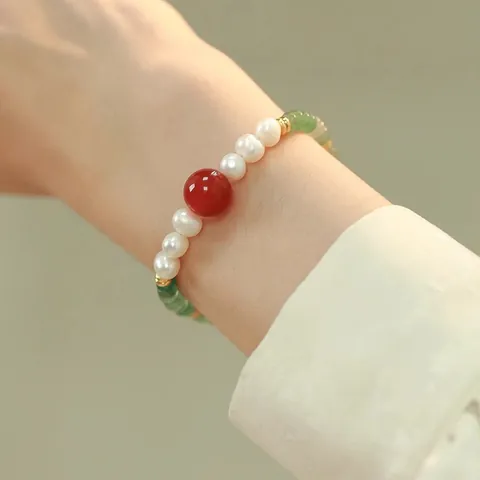 New Chinese Style Freshwater Pearl Aventurine Red Agate Bracelet Necklace Set Handcrafted Copper Ethnic Jewelry For Women
