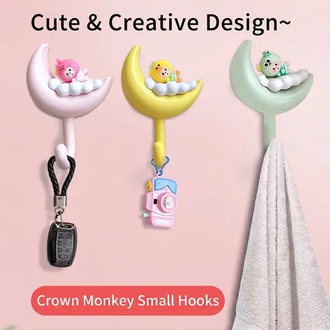 Cartoon Moon Animal Adhesive Wall Hooks Set ABS Plastic Traceless No Drill Hooks For Bathroom Kitchen Kids Room Home Organization