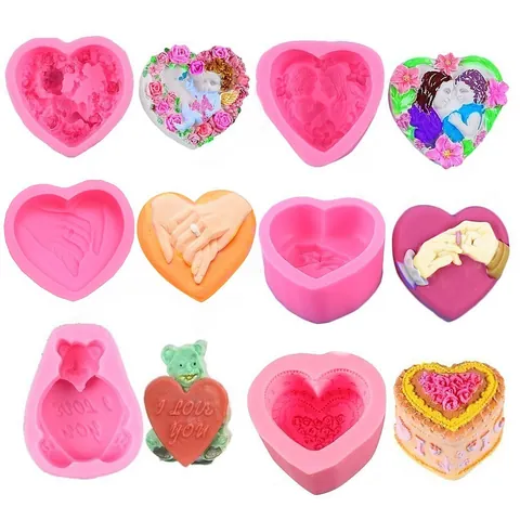 Valentine's Day Heart Silicone Mold Holding Hands Ring Angel Bear Rose Flower 3D Relief Mold For DIY Soap Scented Candle Fondant Chocolate Cake Decorating Silicone Mold