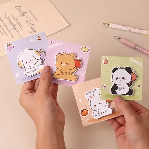 Cartoon Animal Shaped Sticky Notes Self-Adhesive Memo Pads Cute Panda Rabbit Bear Dog Die-Cut Grid Backing Paper For Student Office Home Decor