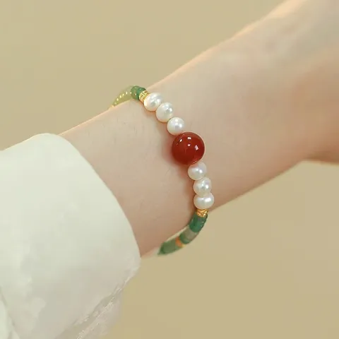 New Chinese Style Freshwater Pearl Aventurine Red Agate Bracelet Necklace Set Handcrafted Copper Ethnic Jewelry For Women