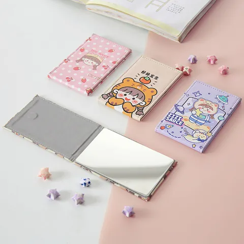 Portable Folding Makeup Mirror Cartoon Girl Pattern PU Leather Desktop Travel HD Small Vanity Mirror For Women Students