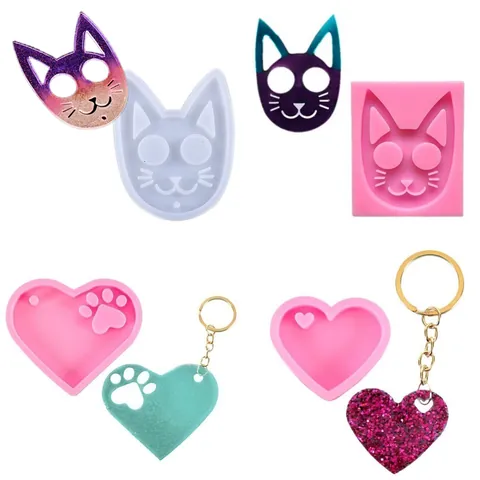Cat Head Heart Shape Silicone Mold For DIY Resin Keychain Making Cute Cat Claw Fondant Chocolate Baking Jewelry Craft Tool