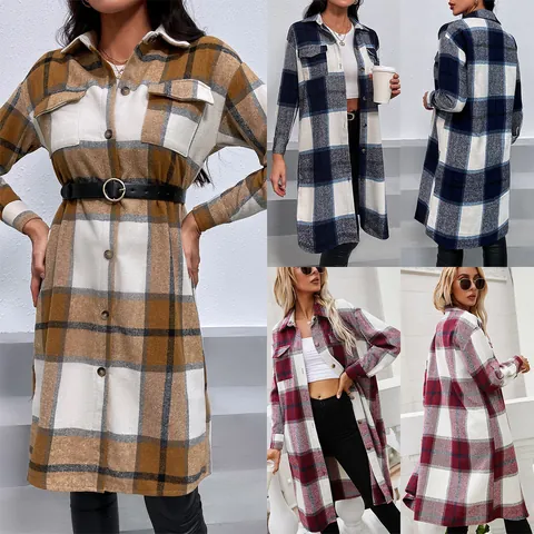 Women Plaid Lapel Single-Breasted Shacket Mid-Length Checkered Shirt Jacket Casual Polyester Patchwork Long Sleeve Top Outerwear