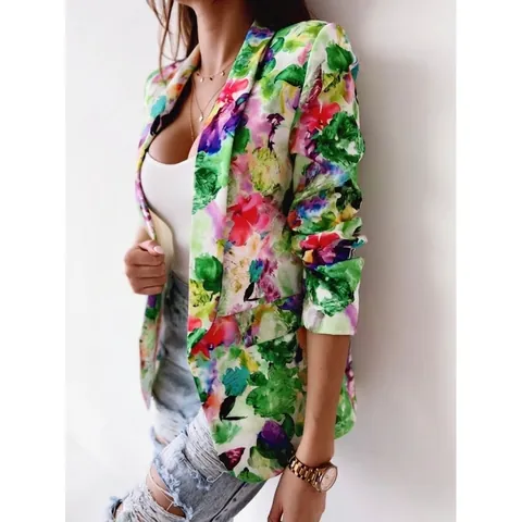 Giacca Blazer da Donna a Stampa Floreale Slim Fit a Manica Lunga in Poliestere Multicolore con Motivo Astratto Top da Moda