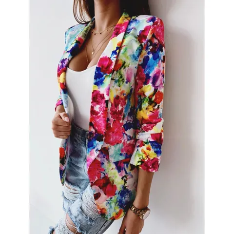 Giacca Blazer da Donna a Stampa Floreale Slim Fit a Manica Lunga in Poliestere Multicolore con Motivo Astratto Top da Moda