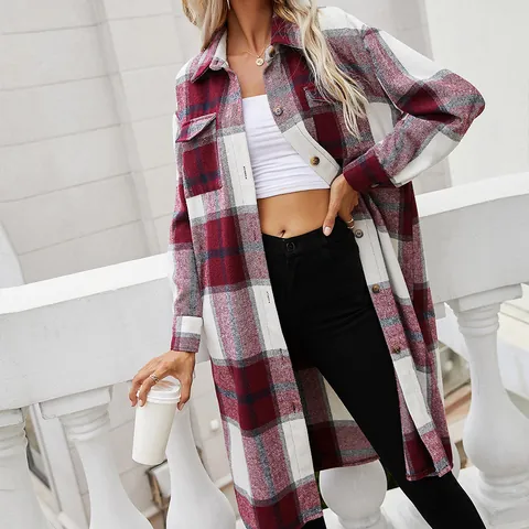 Women Plaid Lapel Single-Breasted Shacket Mid-Length Checkered Shirt Jacket Casual Polyester Patchwork Long Sleeve Top Outerwear
