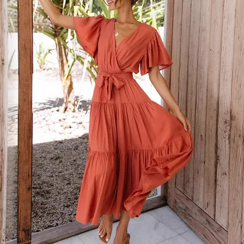 Women Bohemian V-Neck Maxi Dress Short Ruffle Sleeve Tiered Hem Solid Color Waist Tie Summer Casual Flowy Polyester Dress