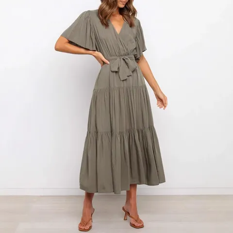 Women Bohemian V-Neck Maxi Dress Short Ruffle Sleeve Tiered Hem Solid Color Waist Tie Summer Casual Flowy Polyester Dress