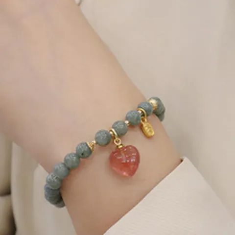 Pulsera de Cuentas de Jade Birmano Hecha a Mano para Mujer Colgante de Mariposa de Corazón de Cuarzo Fresa Joyería