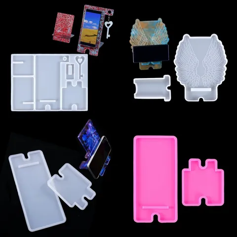 DIY Crystal Epoxy Resin Phone Stand Mold Silicone Mirror Surface Phone Holder Casting Mold Handmade Craft Angel Wings Heart Design