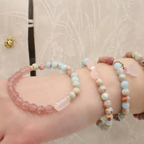 Vintage Natural Shoushan Stone Bracelet With Strawberry Rose Quartz Lotus Pod Gourd Bowknot Niche Design Women Jewelry