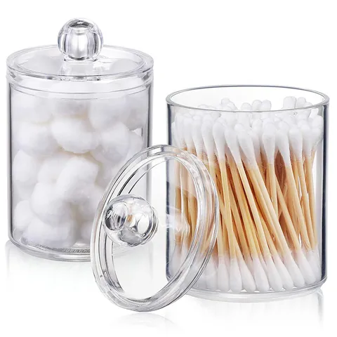 Boîte de Rangement Transparente en Plastique pour Coton-Tiges Support Rond pour Coton Démaquillant avec Couvercle Anti-Poussière Organisateur