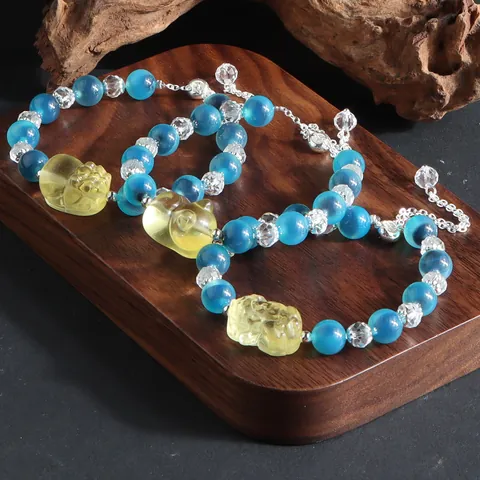 Neuer Chinesischer Stil Perlenarmband Zuckerherz-Achat Künstliche Kristalle Pi Yao Liegende Katze Anhänger Handgefertigter Schmuck Damen