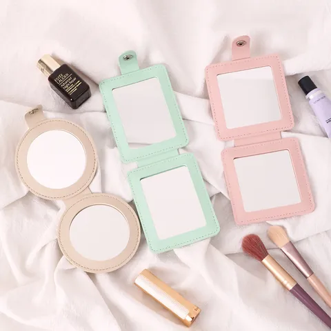 Portable PU Leather Folding Makeup Mirror Compact Double Sided Mini Pocket Hand Mirror For Travel Vanity Cosmetic Accessories