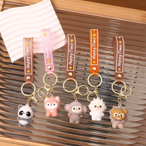 Cartoon Flocked Animal Doll Keychain Cute PVC Strap Bag Pendant Panda Fox Lion Sheep Monkey Gift For Kids Students