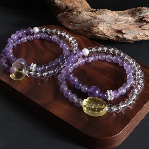 Bracelet Wrap en Améthyste et Cristal de Roche Style Nouveau Chinois Perle Artificielle Pendentif Lion Lune pour Femmes