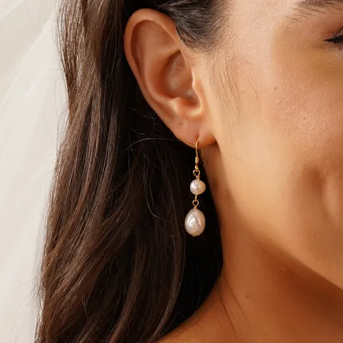 Pendientes Colgantes de Cobre Hechos a Mano Vintage Francés con Perla de Agua Dulce Barroca Natural Relleno de Oro 14K Mujer