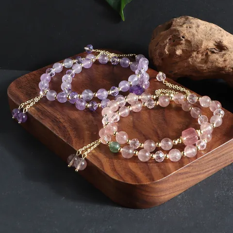 Natural Amethyst Citrine Strawberry Quartz Double Wrap Bracelet Literary Vintage Tassels Fashion Crystal Bead Bracelet Women Jewelry