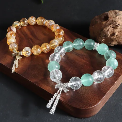 Natural Yellow Crystal Green Fluorite Bracelet With Alloy Rhinestone Bowknot Pendant Vintage Fashion Jewelry For Women