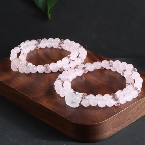 Bracelet Perlé Double Couche en Quartz Rose Naturel et Quartz Cristal Style Rétro Cœur Pixiu Calebasse Bijoux en Pierre