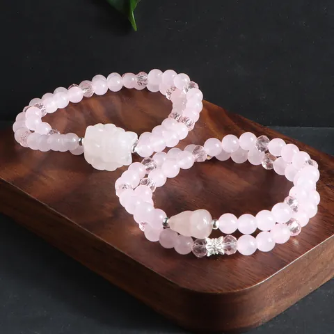 Bracelet Perlé Double Couche en Quartz Rose Naturel et Quartz Cristal Style Rétro Cœur Pixiu Calebasse Bijoux en Pierre