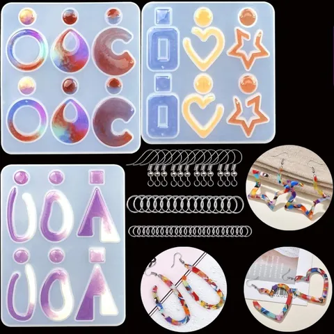 DIY Earring Silicone Molds With Earring Hooks And Jump Rings Translucent Resin Casting Geometric Leaf Heart Shaped Crafting Tools