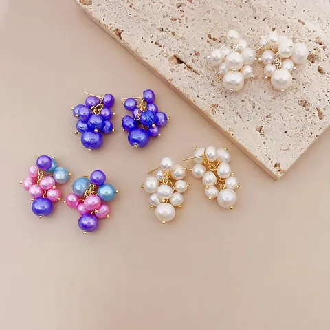 Korean Sweet Freshwater Pearl Grape Cluster Stud Earrings For Women Colorful Round Bead Small Fresh Summer Ear Jewelry Gift