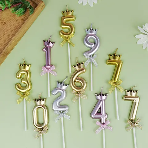 Velas de Cumpleaños con Número de Corona Dorada de Lujo Vela de Parafina Decoración de Pastel con Diseño de Lazo para Fiestas y Bodas