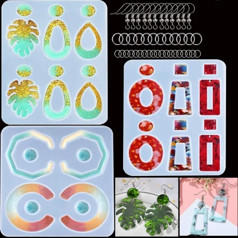 DIY Earring Silicone Molds With Earring Hooks And Jump Rings Translucent Resin Casting Geometric Leaf Heart Shaped Crafting Tools