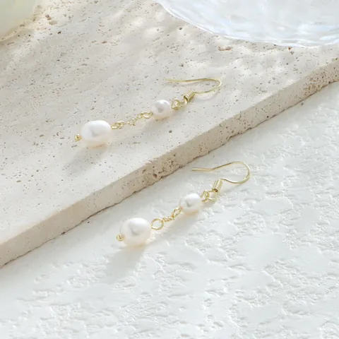 Pendientes Colgantes de Cobre Hechos a Mano Vintage Francés con Perla de Agua Dulce Barroca Natural Relleno de Oro 14K Mujer