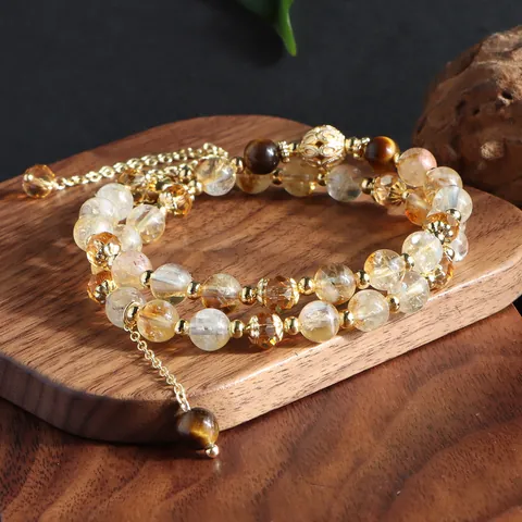 Natural Citrine Yellow Tower Crystal Tiger's Eye Beaded Bracelet Layered Design Gold Alloy Charms Unisex Fashion Jewelry Gift