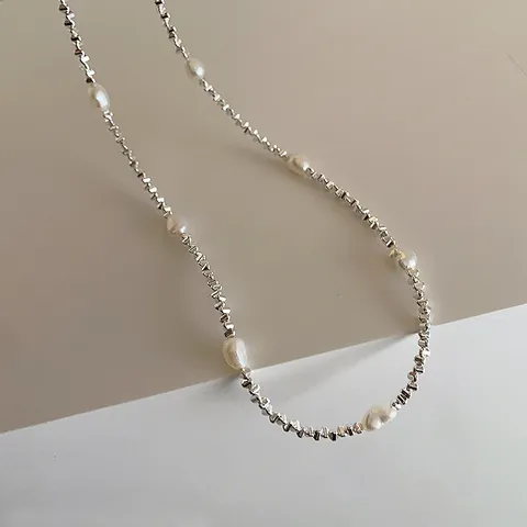 Collana in Metallo con Perla d'Acqua Dolce Minimalista Vintage per Donna Catena a Clavicola con Perline d'Argento Gioielli