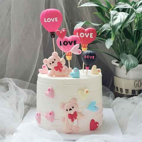 Décoration de Gâteau en Caoutchouc Souple Ours Cœur Montgolfière pour la Saint-Valentin Mariage Romantique Boulangerie Accessoires de Fête