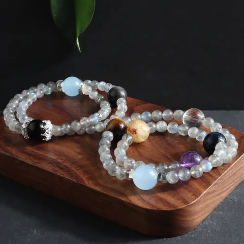 Natural Stone Double Wrap Bracelet For Women Handmade Grey Moonlight Labradorite Crystal Beaded Multi-Treasure Hand String Jewelry Gift