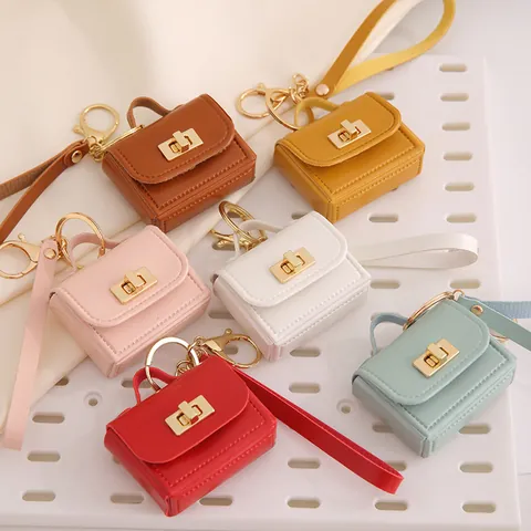 Mini PU Leather Bag Keychain Women Portable Coin Purse Earphone Pouch With Gold Metal Lock Wrist Strap Fashion Bag Charm