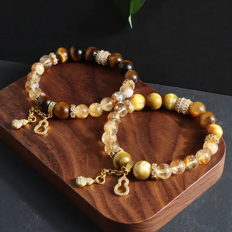 Natural Tiger Eye And Yellow Crystal Beaded Bracelet With Gold Hulu Pendant Fashion Rhinestone Inlaid Lucky Jewelry For Women Men