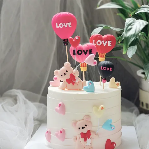 Décoration de Gâteau en Caoutchouc Souple Ours Cœur Montgolfière pour la Saint-Valentin Mariage Romantique Boulangerie Accessoires de Fête