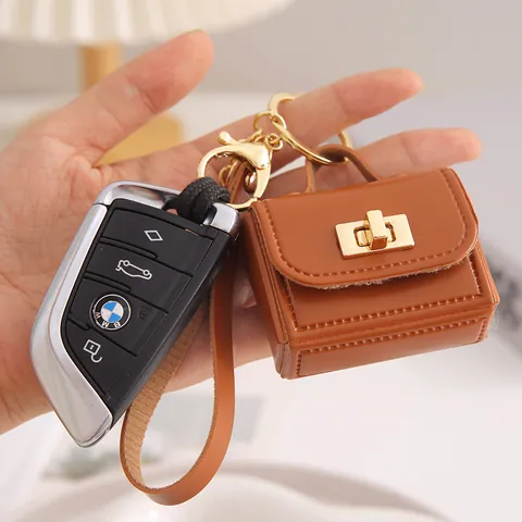 Mini PU Leather Bag Keychain Women Portable Coin Purse Earphone Pouch With Gold Metal Lock Wrist Strap Fashion Bag Charm