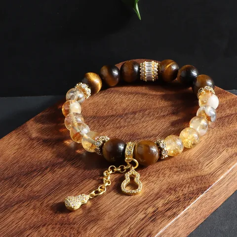Natural Tiger Eye And Yellow Crystal Beaded Bracelet With Gold Hulu Pendant Fashion Rhinestone Inlaid Lucky Jewelry For Women Men