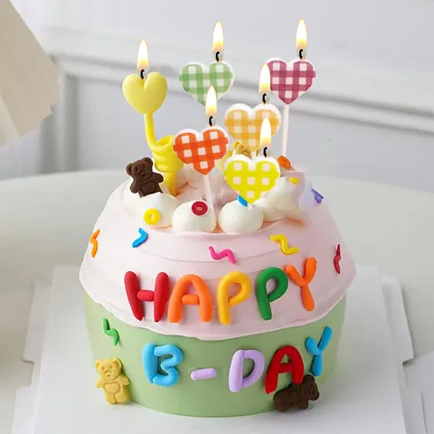 Cartoon Heart Birthday Candles Gingham Pattern Heart Star Rotating Candles Cake Decoration For Wedding Valentine Party
