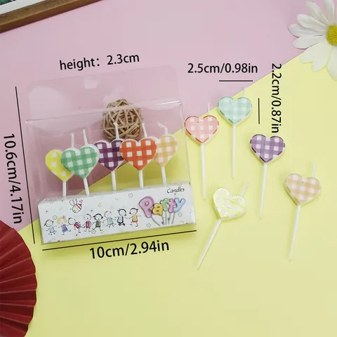 Gingham Heart Shaped Birthday Candles With Letter Print For Cake Decoration Party Wedding Valentine Day Paraffin Wax Candles