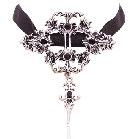 Gothic Vampire Choker Necklace For Women Black Satin Ribbon Alloy Pendant With Rhinestone Punk Halloween Victorian Jewelry