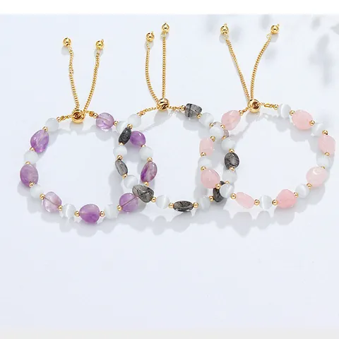 Natürliches Kristall Armband Für Damen Amethyst Rosenquarz Schwarzer Rutilquarz Verstellbares Perlenarmband Schmuck Geschenk