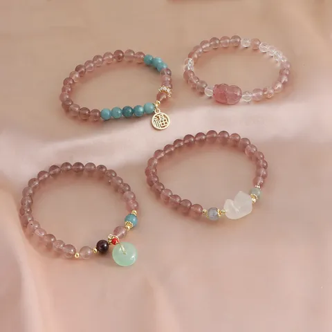 Natural Strawberry Quartz Beaded Bracelet For Women Handmade Copper Artificial Pearl Fu Charm Chinese Style Fashion Jewelry Gift