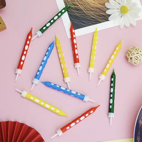 Polka Dot Birthday Candles Pencil Shape Straight Bar Cake Decoration Multicolor Paraffin Wax With Holders Party Supplies